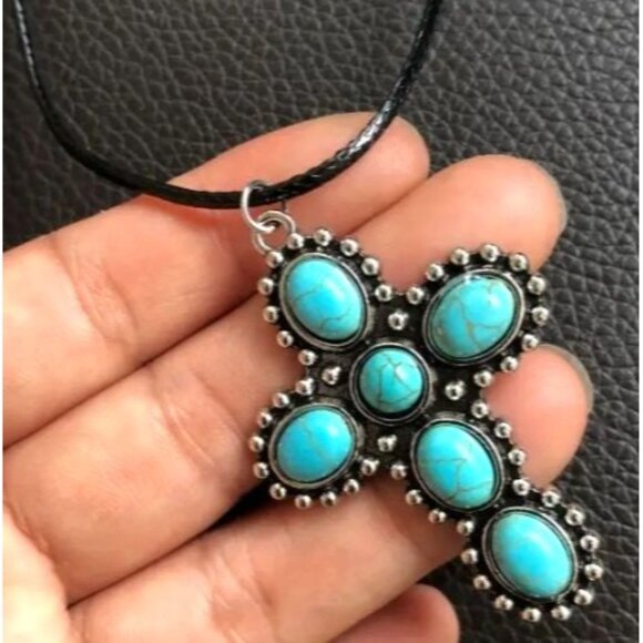 Turquoise Stone Cross Pendant Necklace With‎ Black Cord New - Picture 2 of 4